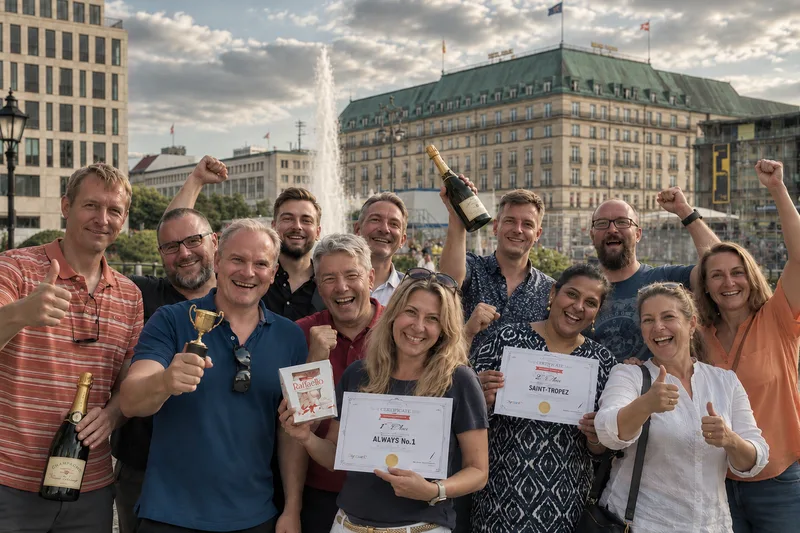 Winning team celebrating with trophy, diplomas and champagne on Pariser Platz