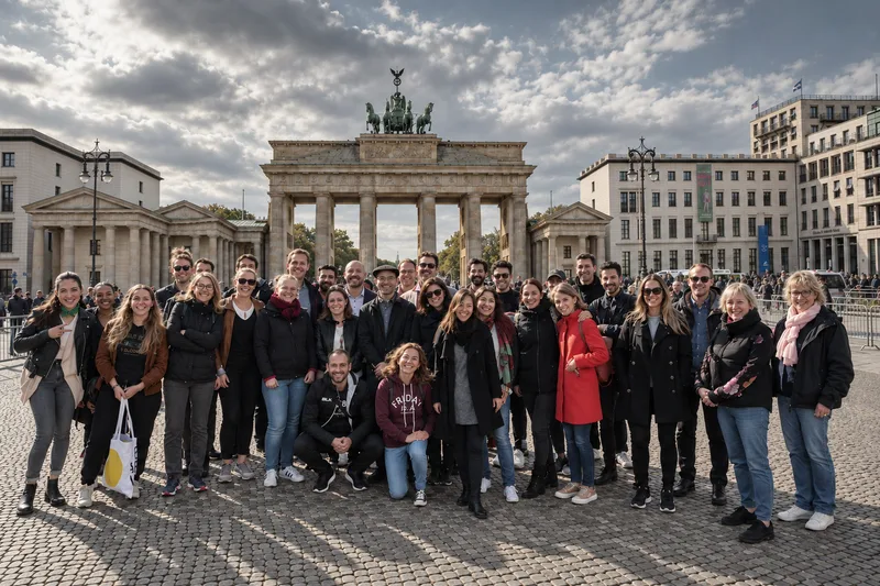 Large corporate group posing together in front of the Brandenburg Gate after a treasure hunt in Berlin