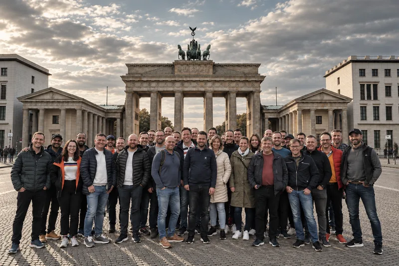Corporate group meeting in front of the Brandenburg Gate before the treasure hunt